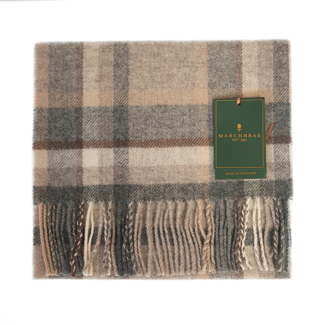 100% Lambswool Scarf – Traditional Tartan &amp; Check Designs - Made in Scotland - Abstract Natural
