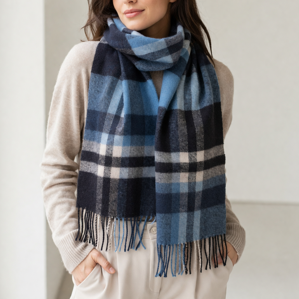 100% Lambswool Scarf – Traditional Tartan &amp; Check Designs - Made in Scotland - Fashion Blue