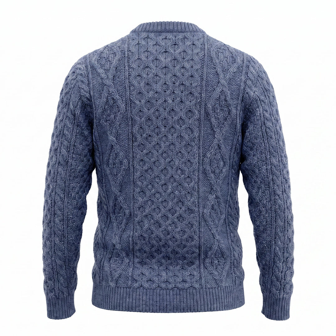 Unisex  Blue 100% Wool Aran Cable Knit Crew Neck Jumper – Made in Ireland | Denim