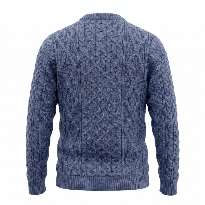 Unisex  Blue 100% Wool Aran Cable Knit Crew Neck Jumper – Made in Ireland | Denim