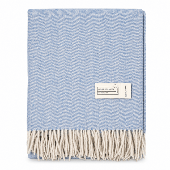 Recycled Wool Herringbone Blanket with Fringe - Soft Warm Throw - CORNFLOWER
