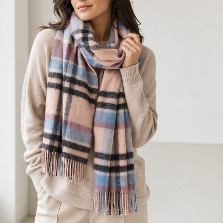 100% Lambswool Scarf – Traditional Tartan &amp; Check Designs - Made in Scotland - Abstract Pink/Blue