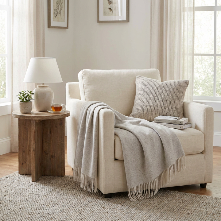 Highland Herringbone Wool Blend Throw Blanket with Tasselled Fringe - GREY MEDIUM