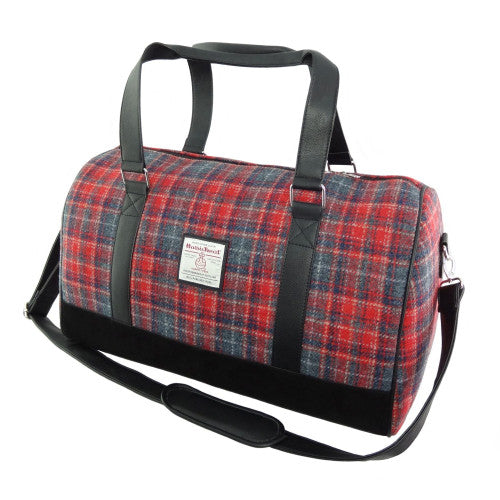 Harris Tweed Clyde Weekend Bag – Spacious Wool Travel Holdall - Red &amp; Grey Tartan (COL158)