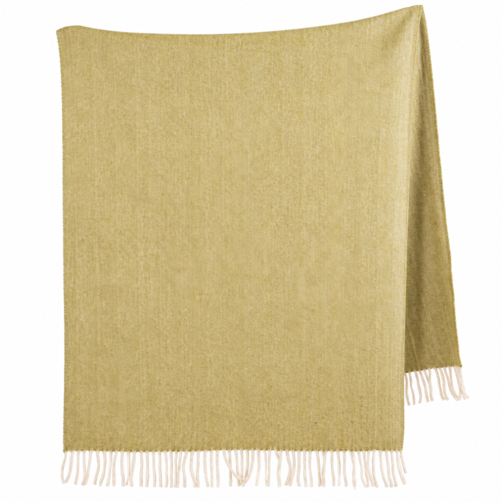 Recycled Wool Herringbone Knee Blanket – Pastel Fringed Throw - GREEN