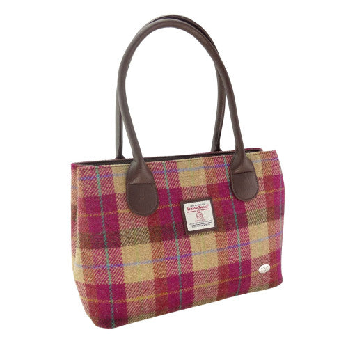 Harris Tweed Cassley Classic Handbag - Elegant Tartan Shoulder Bag - Burgundy &amp; Sand Tartan (COL159)