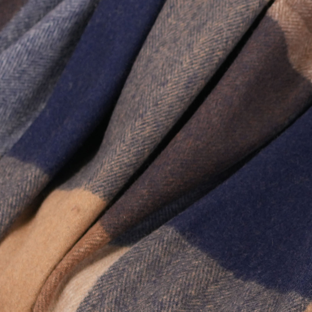 Highland Earth Tone Block Check Recycled Wool Blend Blanket - CAMEL NAVY