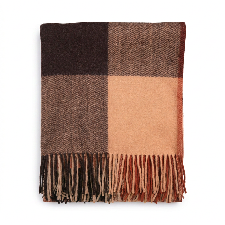 Highland Earth Tone Block Check Recycled Wool Blend Blanket - HOT SAUCE