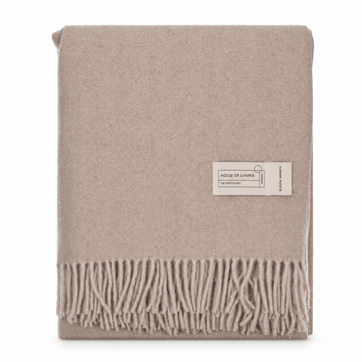 Recycled Wool Herringbone Blanket with Fringe - Soft Warm Throw - OATMEAL