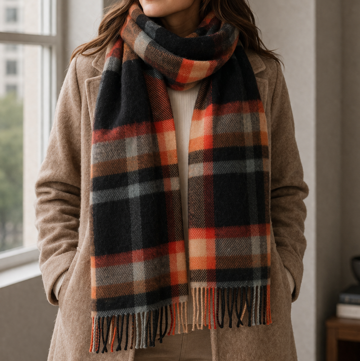 100% Lambswool Scarf – Traditional Tartan &amp; Check Designs - Made in Scotland - Abstract Spice