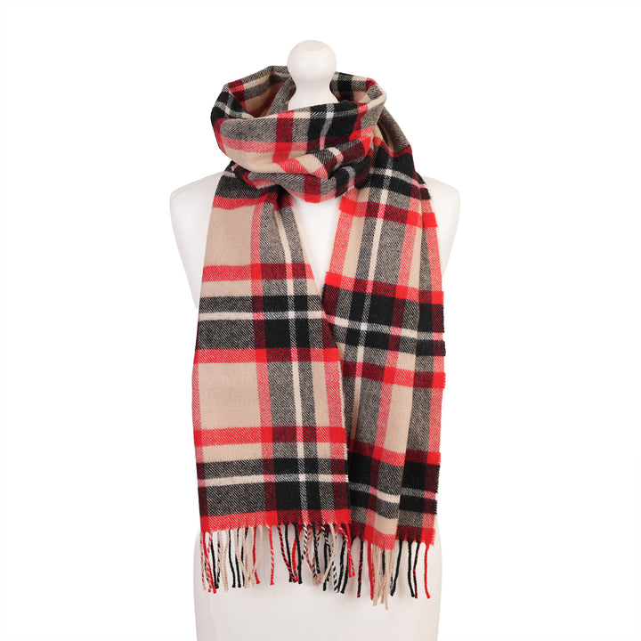 100% Lambswool Scarf – Traditional Tartan &amp; Check Designs - Made in Scotland - Abstract Camel/Red