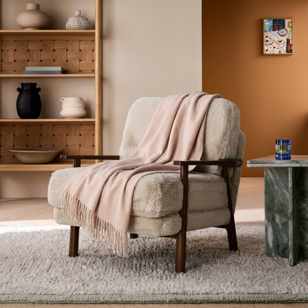 Highland Herringbone Wool Blend Throw Blanket with Tasselled Fringe - SOFT PINK