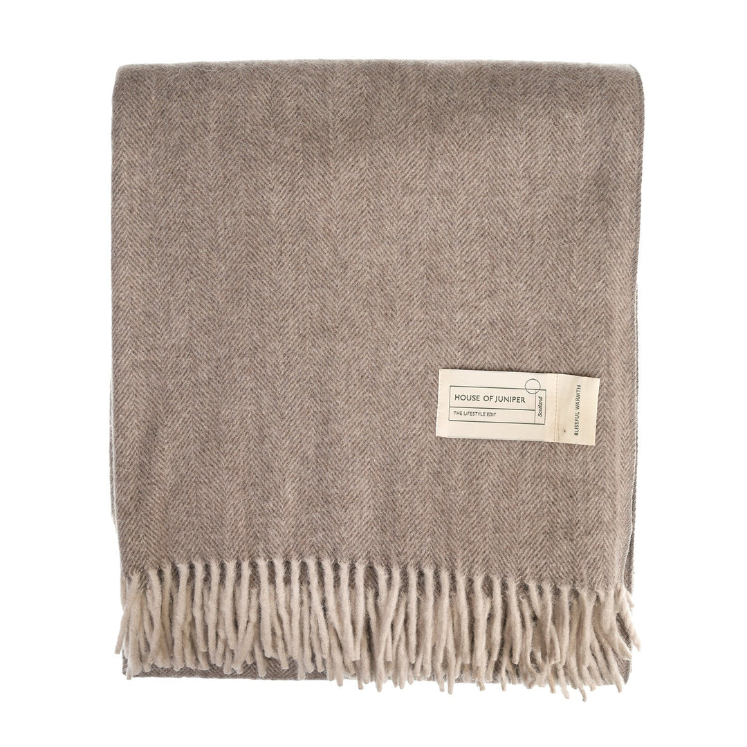 Recycled Wool Herringbone Blanket with Fringe - Soft Warm Throw - TAUPE