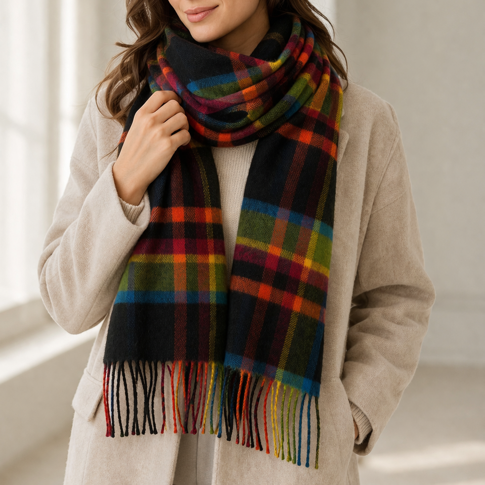 100% Lambswool Scarf – Traditional Tartan &amp; Check Designs - Made in Scotland - Abstract Bright