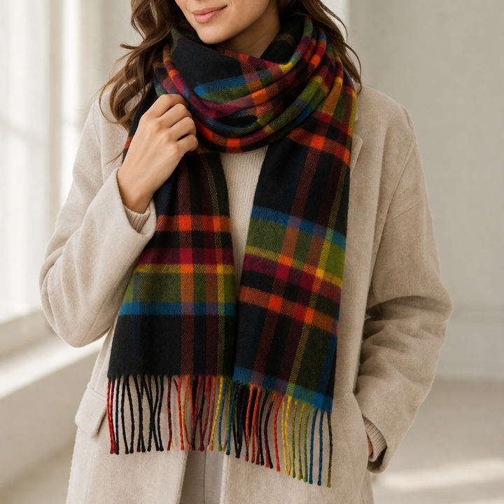 100% Lambswool Scarf – Traditional Tartan &amp; Check Designs - Made in Scotland - Abstract Bright