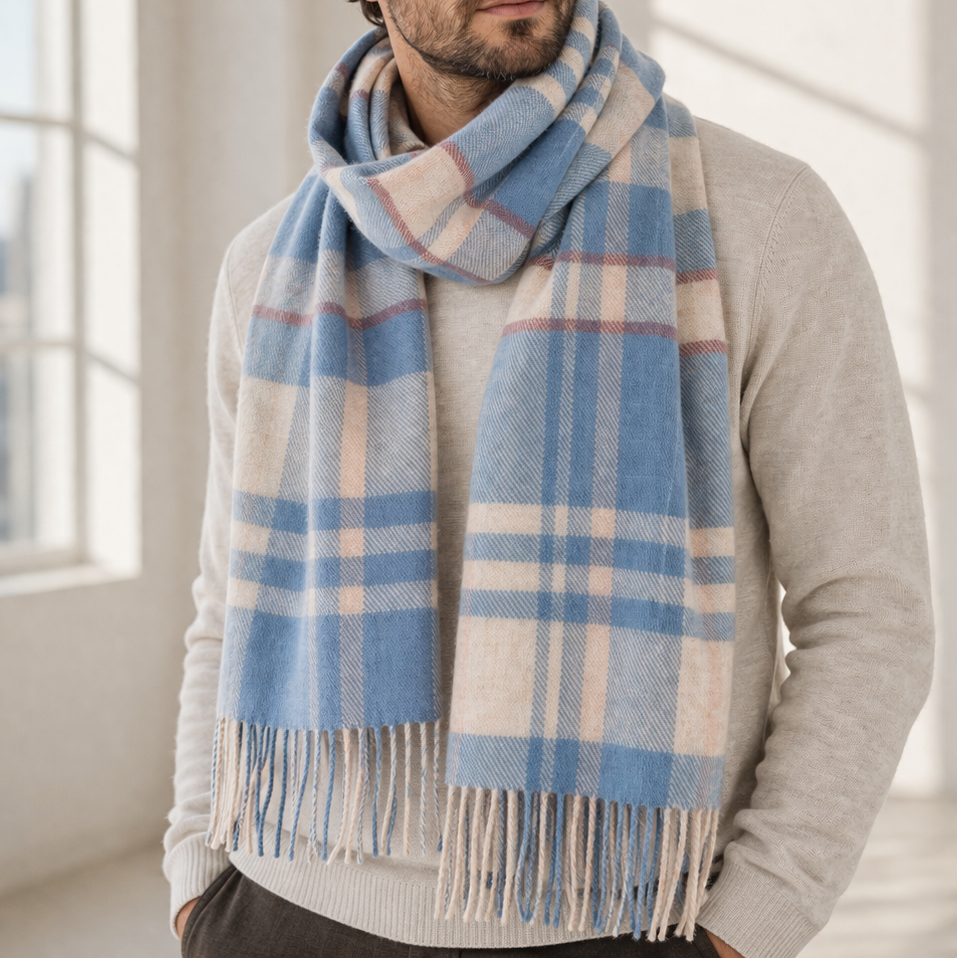 100% Lambswool Scarf – Traditional Tartan &amp; Check Designs - Made in Scotland - Amy Blue