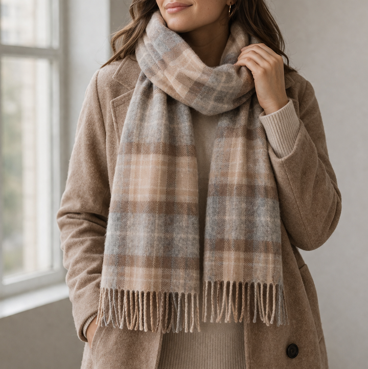 100% Lambswool Scarf – Traditional Tartan &amp; Check Designs - Made in Scotland - Mackellar Natural