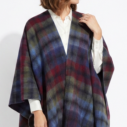 Edinburgh Lambswool Long Tartan Cape - Premium Plaid Wrap - Indigo Blue