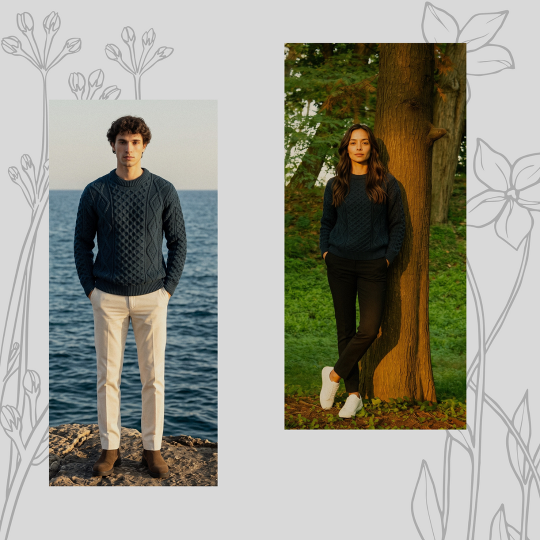 Unisex 100% Wool Aran Cable Knit Crew Neck Jumper – Made in Ireland | Black Watch