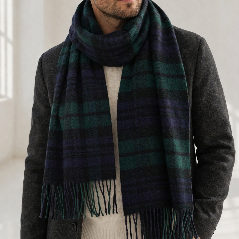100% Lambswool Scarf – Traditional Tartan &amp; Check Designs - Made in Scotland - Black Watch