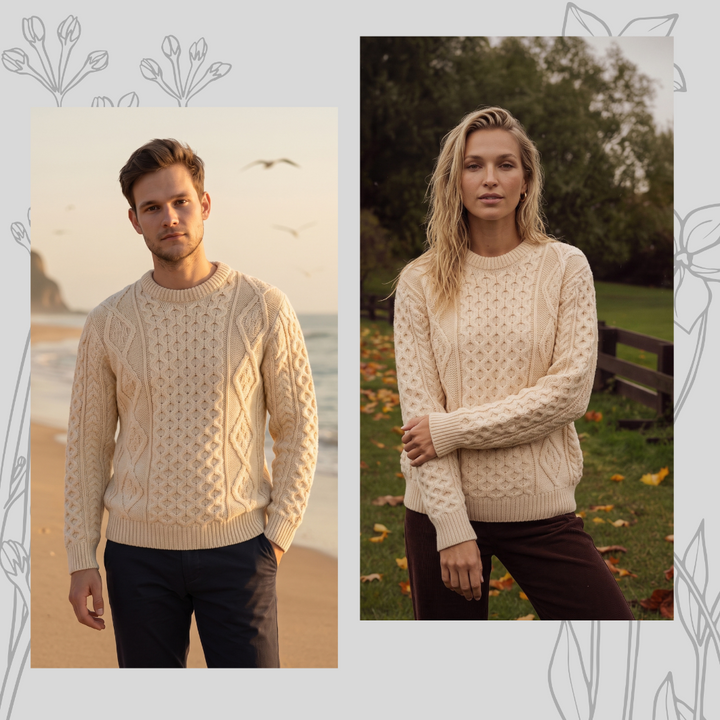 Unisex  Blue 100% Wool Aran Cable Knit Crew Neck Jumper – Made in Ireland | Aran