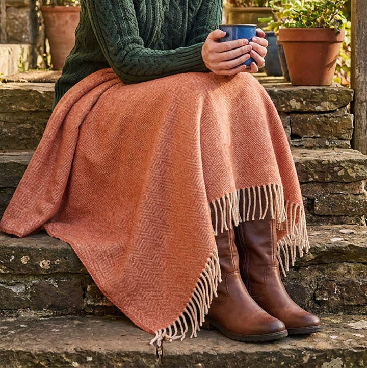 Recycled Wool Herringbone Knee Blanket – Pastel Fringed Throw - SPICE