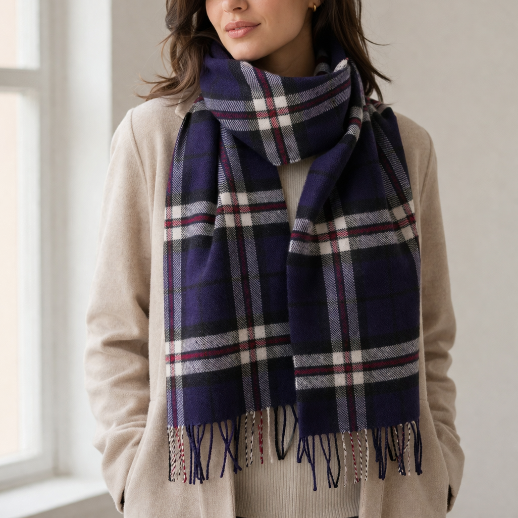 100% Lambswool Scarf – Traditional Tartan &amp; Check Designs - Made in Scotland - Thomson Navy