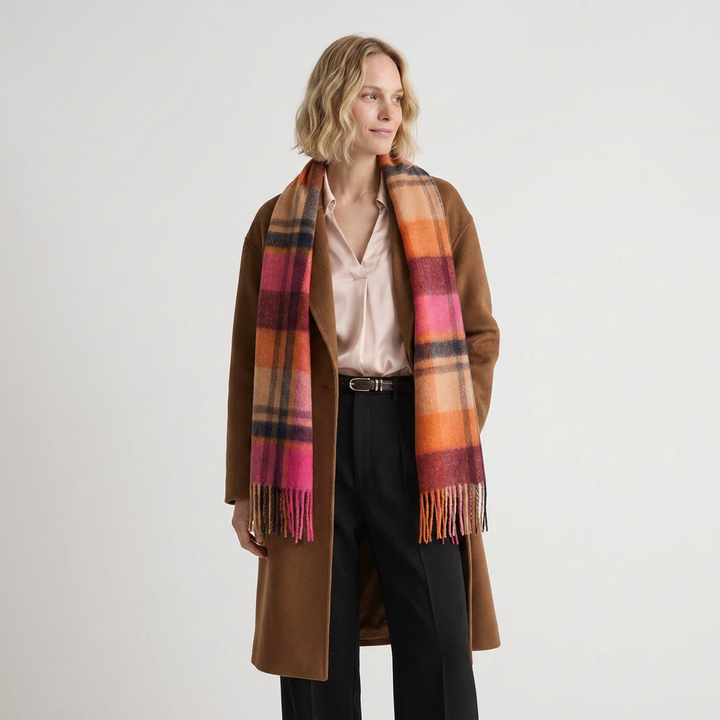 Edinburgh 100% Lambswool Scarf – Premium Soft Wool Wrap - Myriad Check - Spice/Magenta