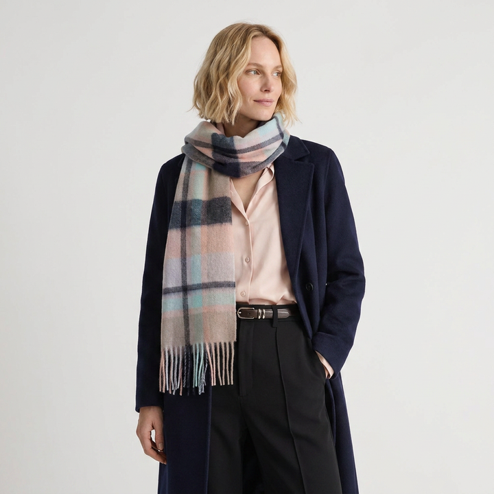 Edinburgh 100% Lambswool Scarf – Premium Soft Wool Wrap - Myriad Check - Navy/Greige/Light Blue