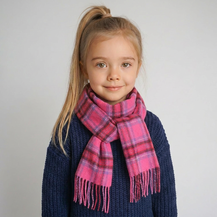 100% Cashmere Tartan Mini Scarf for Kids - Soft Children’s Luxury Scarf - BRIGHT PINK STEWART