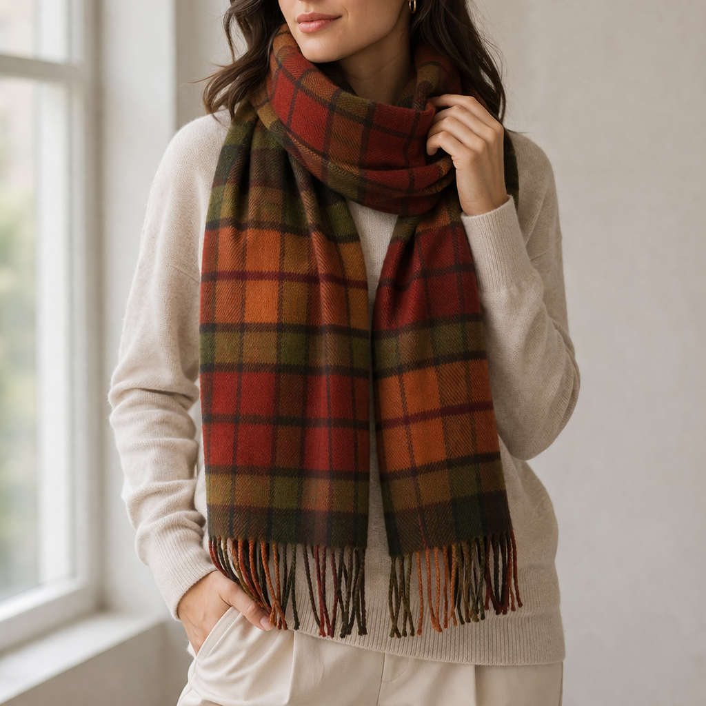 100% Lambswool Scarf – Traditional Tartan &amp; Check Designs - Made in Scotland - Buchanan Autumn