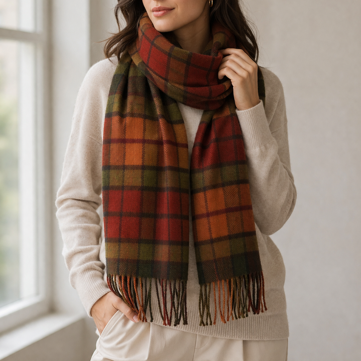 100% Lambswool Scarf – Traditional Tartan &amp; Check Designs - Made in Scotland - Buchanan Autumn