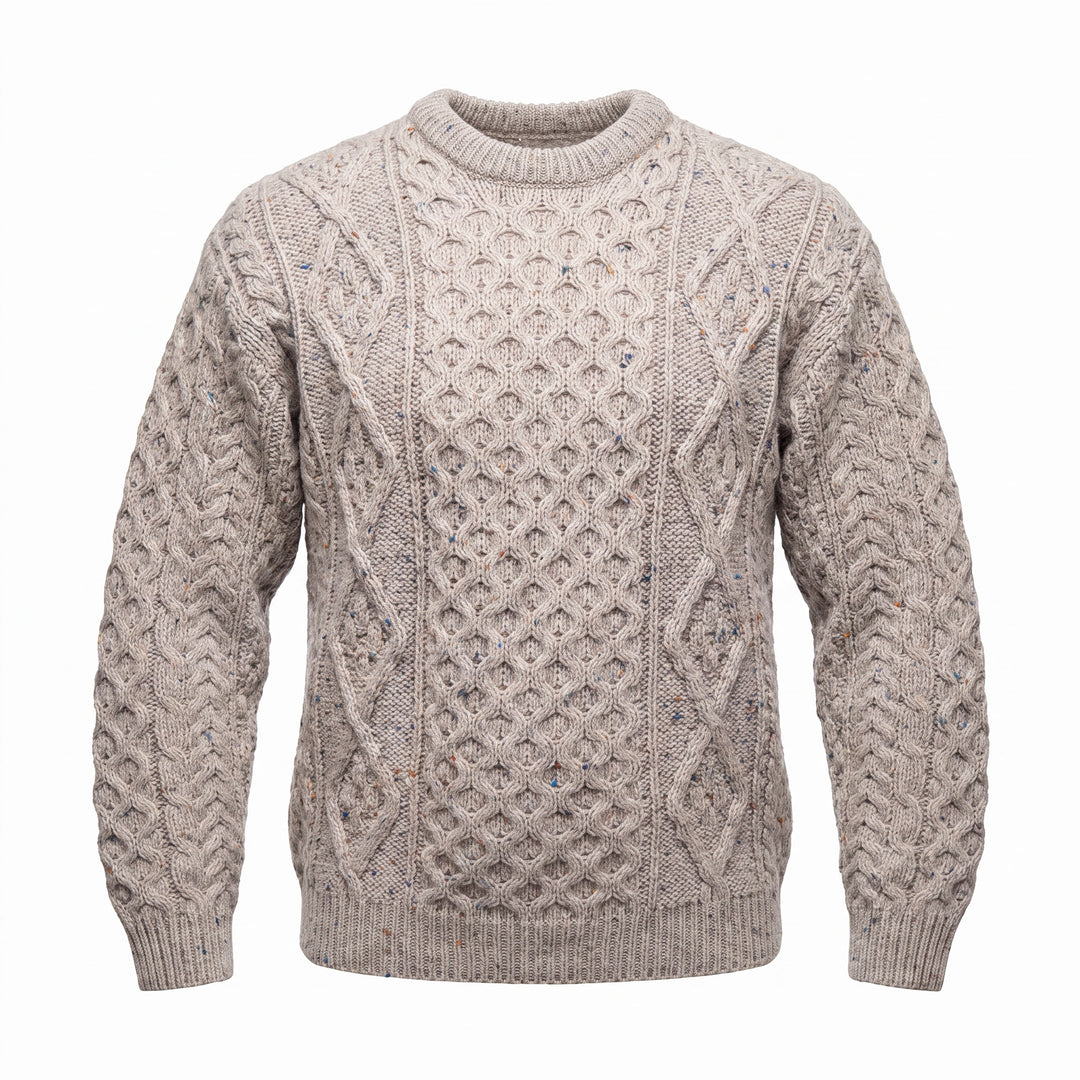 Unisex Speckled Beige 100% Wool Aran Cable Knit Crew Neck Jumper – Made in Ireland | Skiddaw