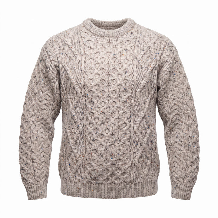 Unisex Speckled Beige 100% Wool Aran Cable Knit Crew Neck Jumper – Made in Ireland | Skiddaw