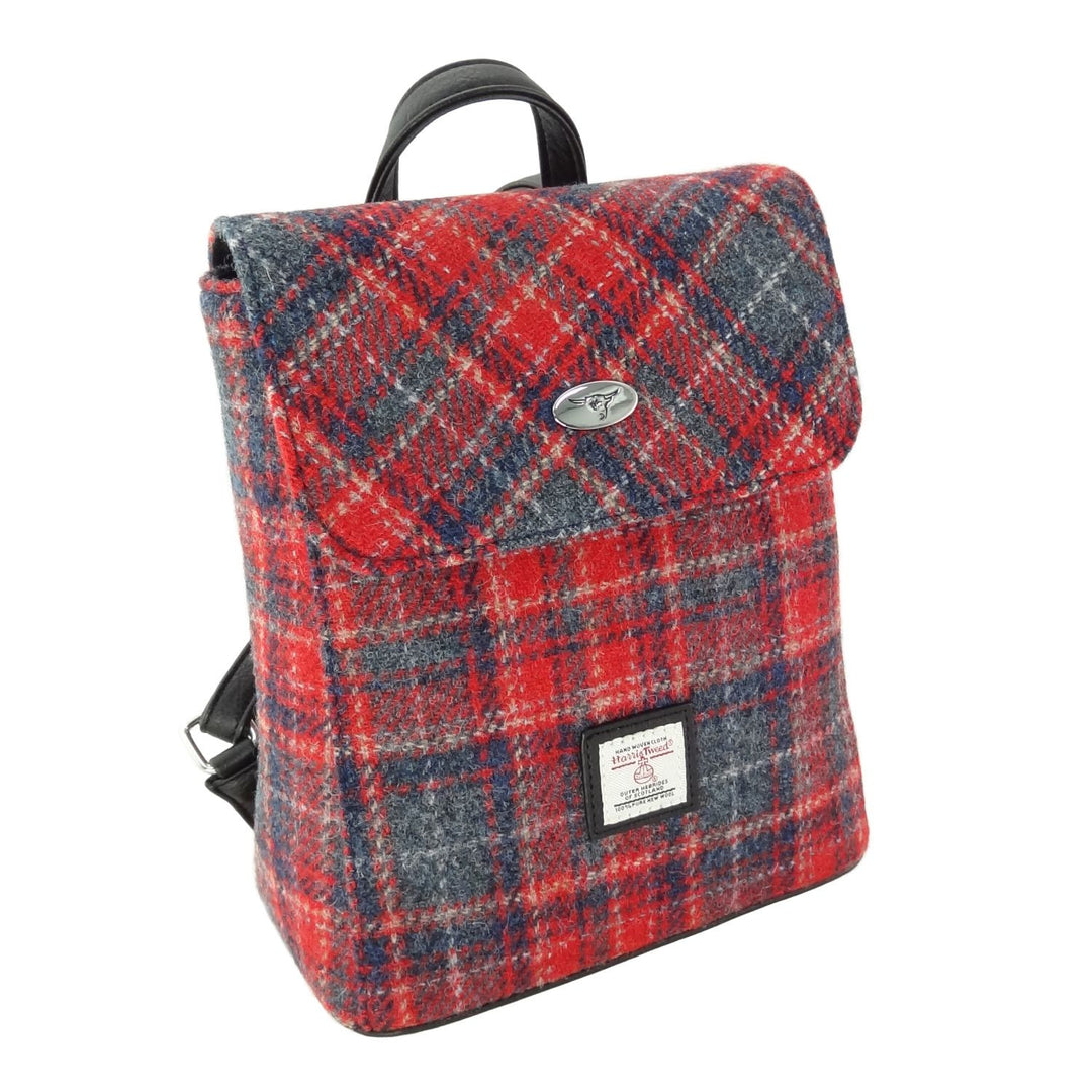 Harris Tweed Tummel Mini Backpack - Small Backpack with Phone Pocket - Red &amp; Grey Tartan (COL158)