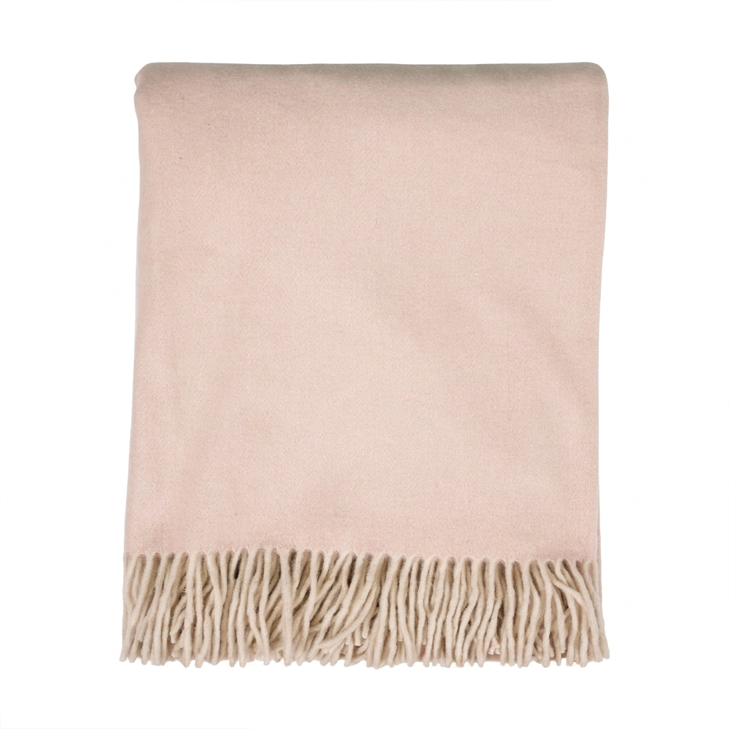 Highland Herringbone Wool Blend Throw Blanket with Tasselled Fringe - SOFT PINK