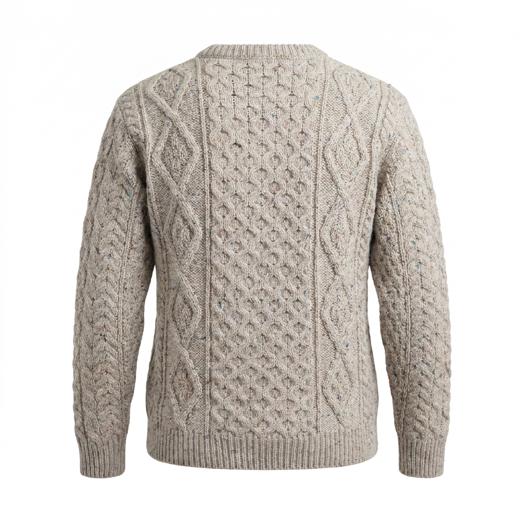 Unisex Speckled Beige 100% Wool Aran Cable Knit Crew Neck Jumper – Made in Ireland | Skiddaw