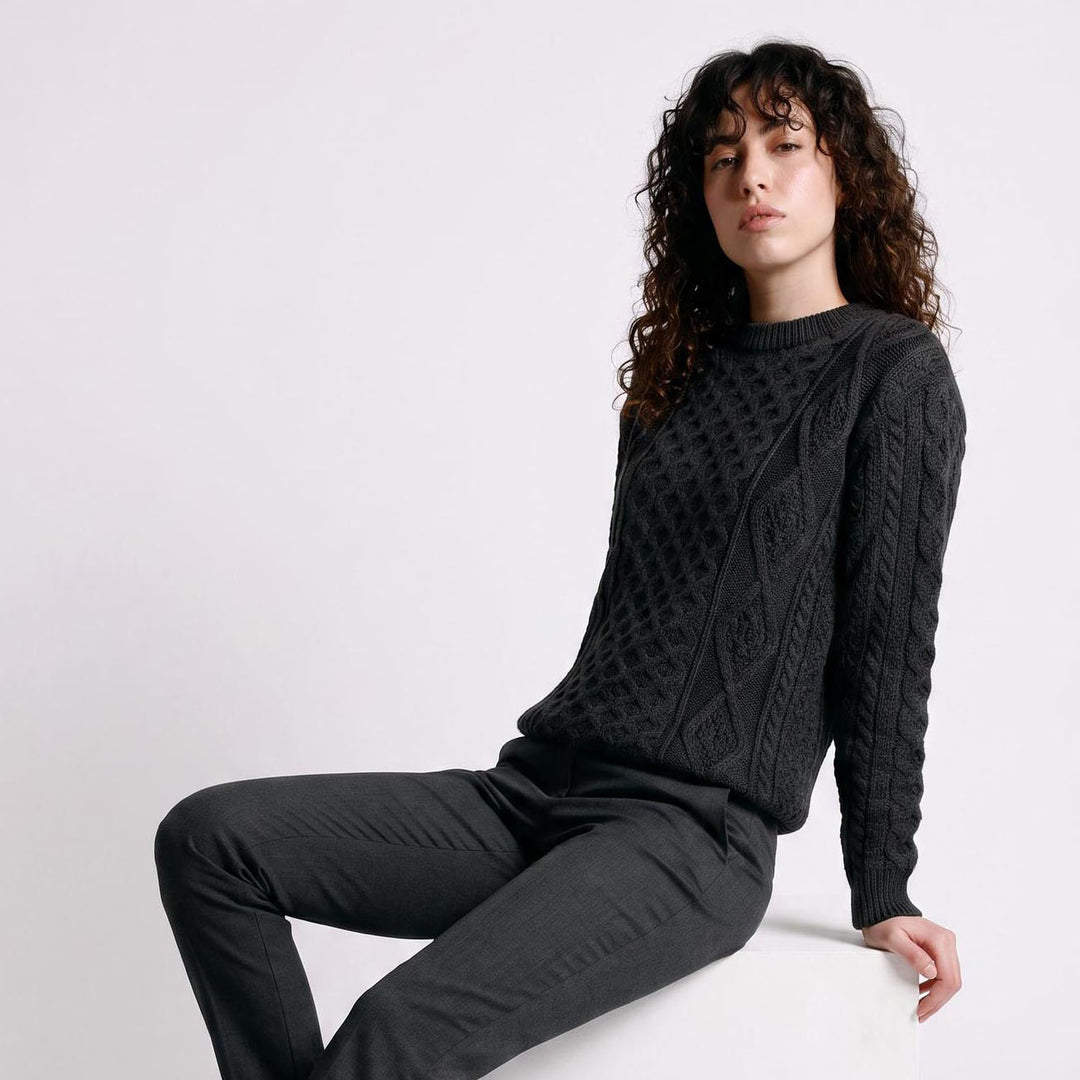Unisex Grey 100% Wool Aran Cable Knit Crew Neck Jumper – Made in Ireland | Charcoal