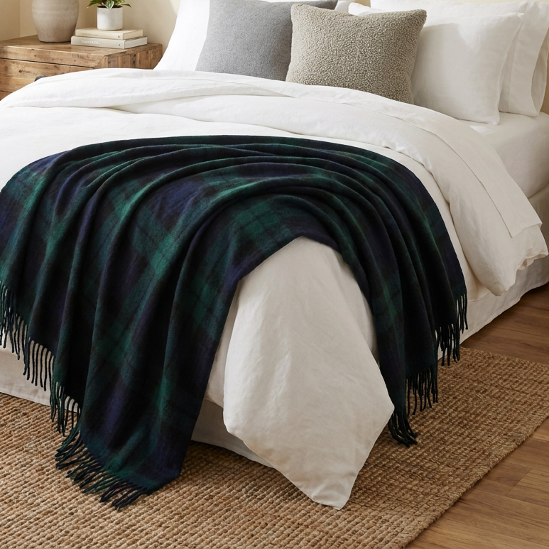 Highland Wool Blend Tartan Blanket Throw – Extra Warm Scottish Wool Blend – BLACK WATCH