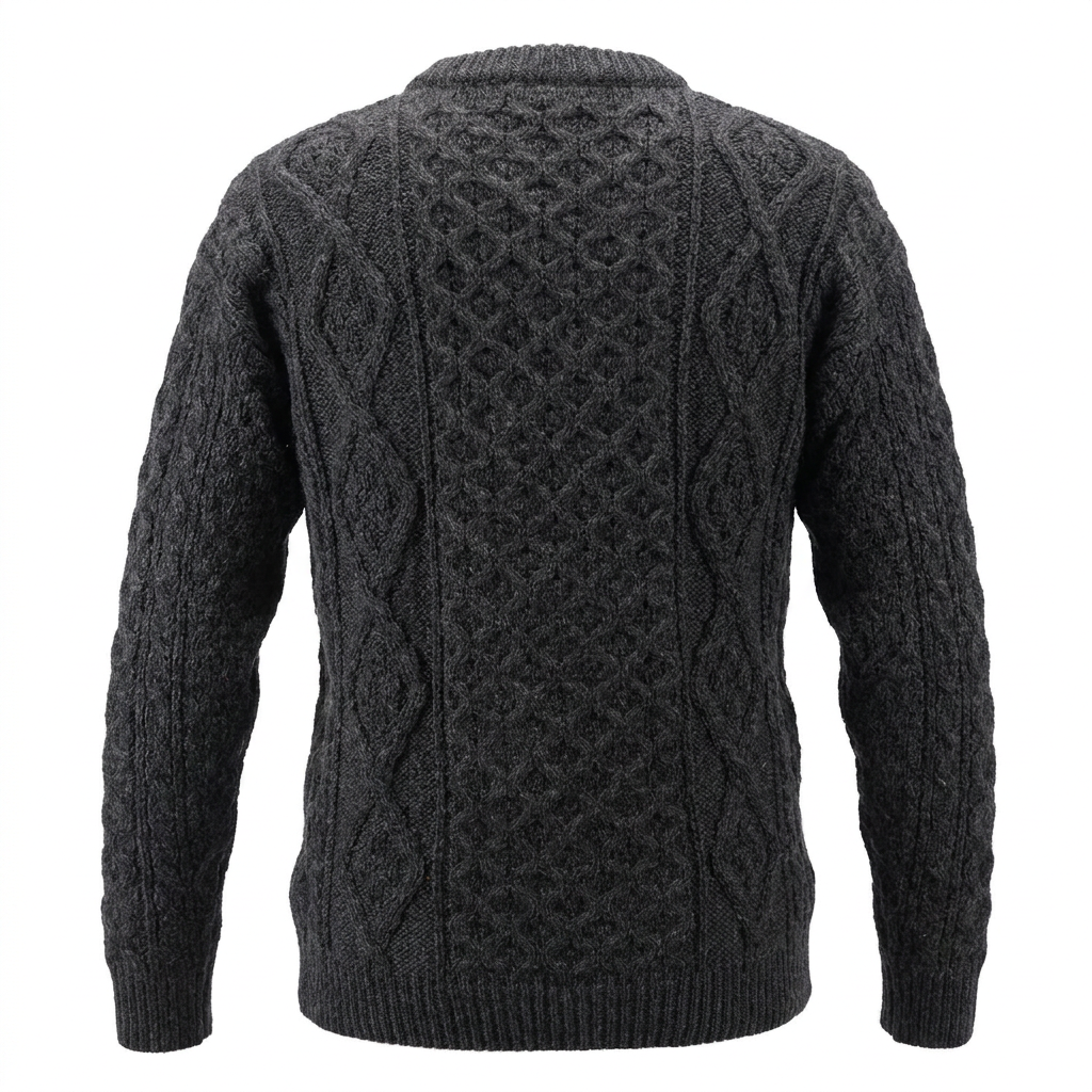Unisex Grey 100% Wool Aran Cable Knit Crew Neck Jumper – Made in Ireland | Charcoal