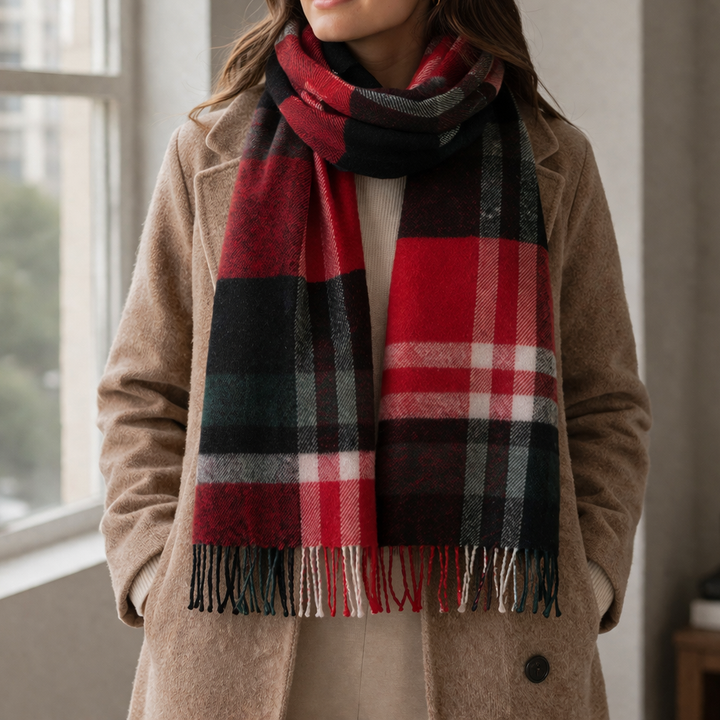 100% Lambswool Scarf – Traditional Tartan &amp; Check Designs - Made in Scotland - Fashion Check Red/ Green