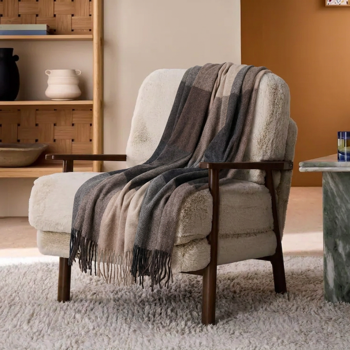 Highland Earth Tone Block Check Recycled Wool Blend Blanket - NATURAL TAUPE