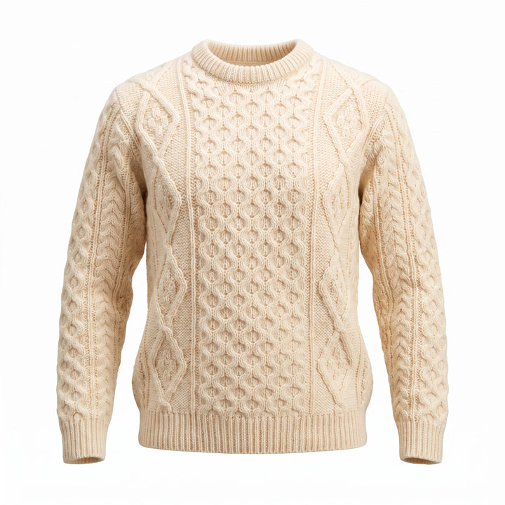 Unisex  Blue 100% Wool Aran Cable Knit Crew Neck Jumper – Made in Ireland | Aran