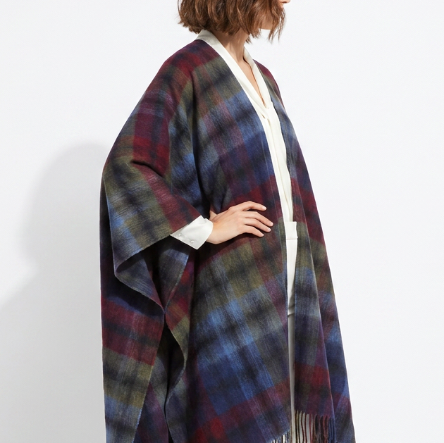 Edinburgh Lambswool Long Tartan Cape - Premium Plaid Wrap - Indigo Blue