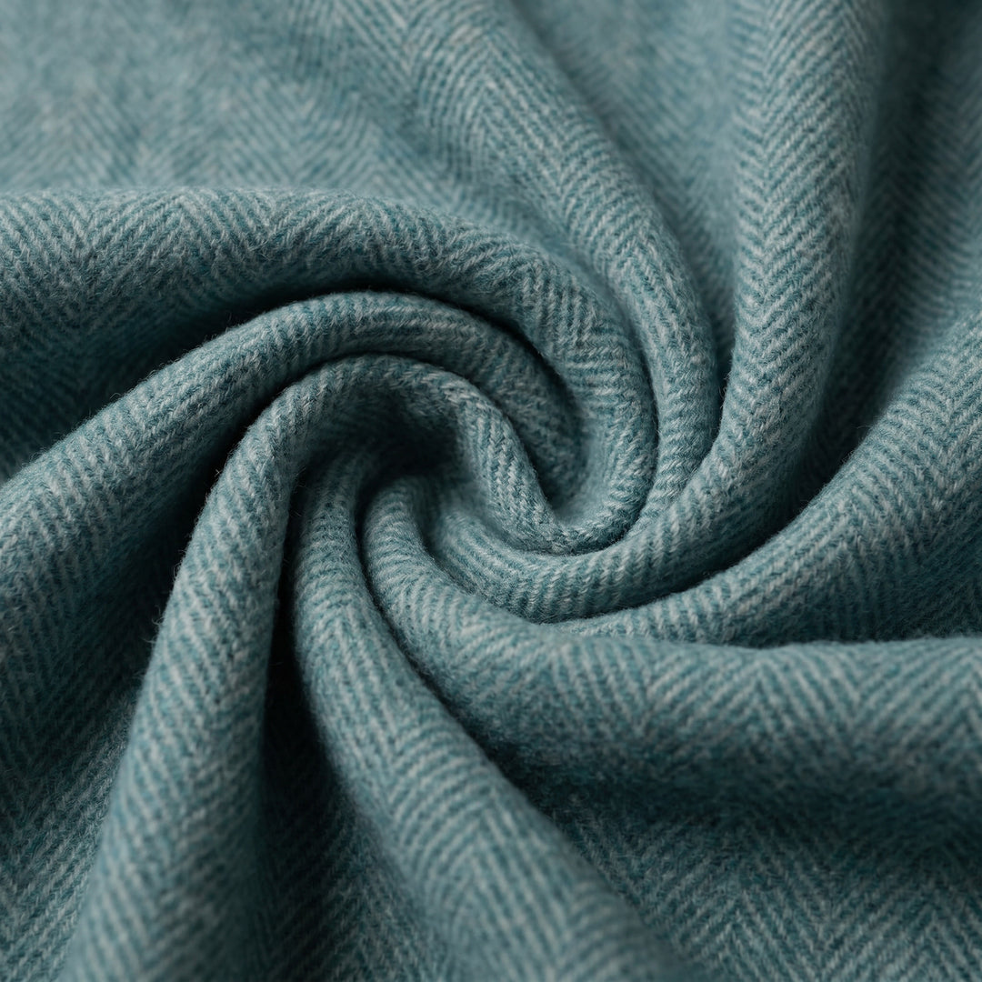 Recycled Wool Herringbone Blanket with Fringe - Soft Warm Throw - TURQUOISE