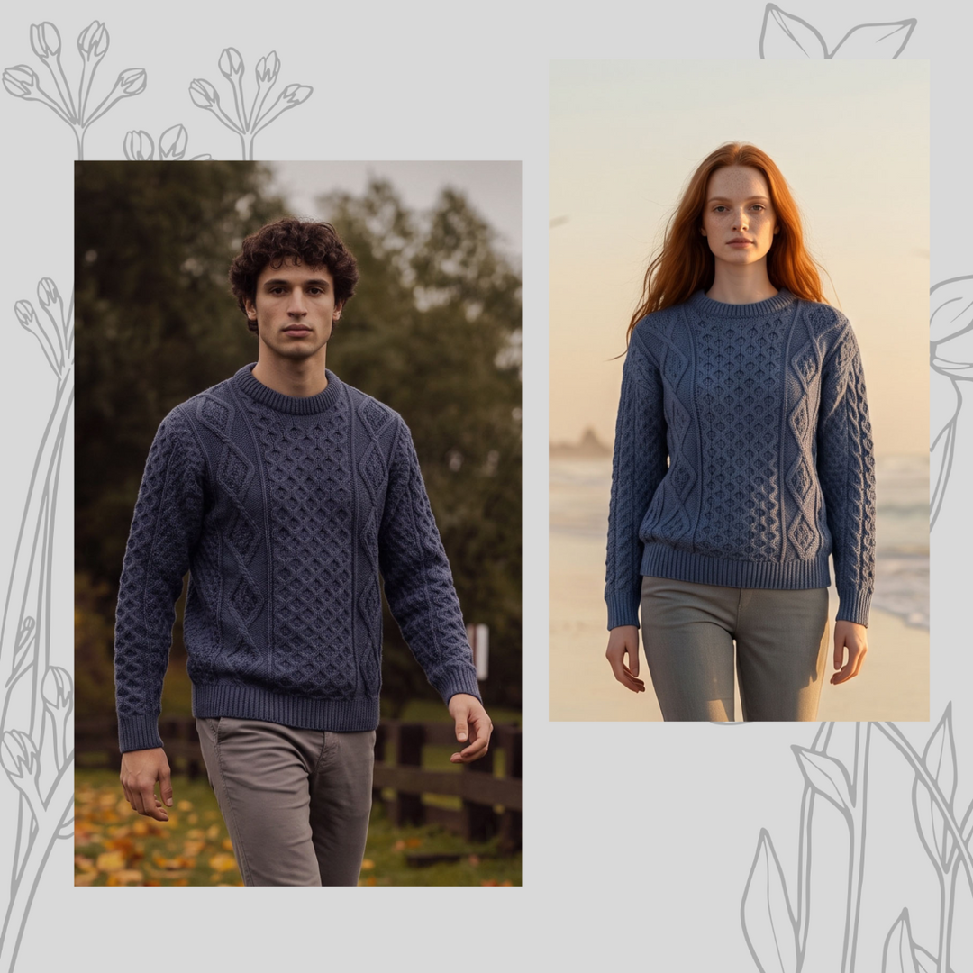 Unisex  Blue 100% Wool Aran Cable Knit Crew Neck Jumper – Made in Ireland | Denim