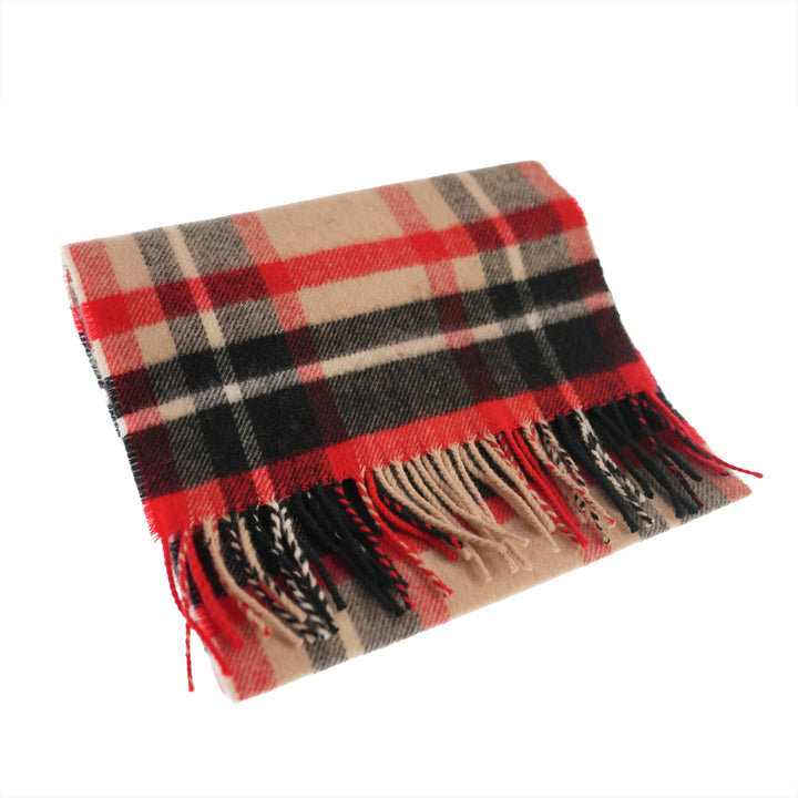 100% Lambswool Scarf – Traditional Tartan &amp; Check Designs - Made in Scotland - Abstract Camel/Red