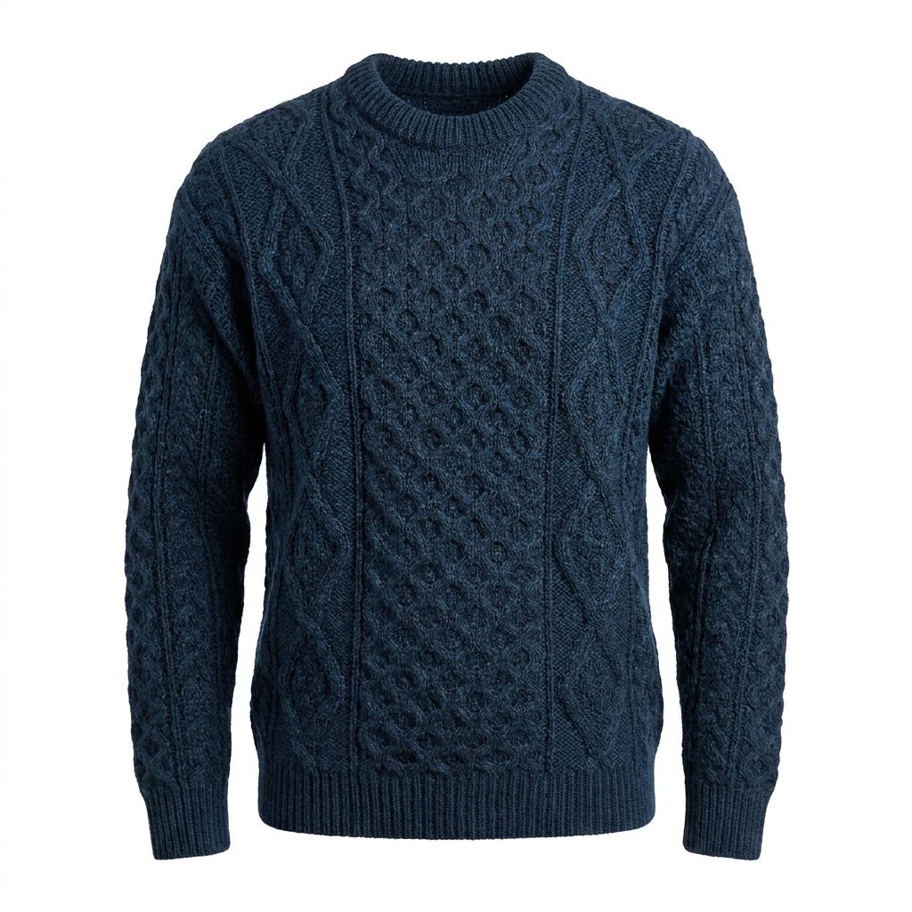 Unisex 100% Wool Aran Cable Knit Crew Neck Jumper – Made in Ireland | Black Watch