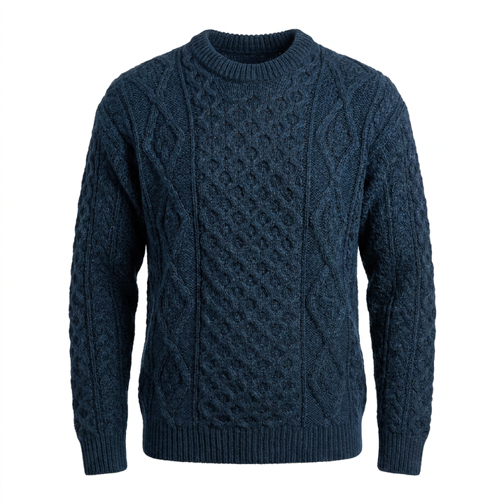 Unisex 100% Wool Aran Cable Knit Crew Neck Jumper – Made in Ireland | Black Watch