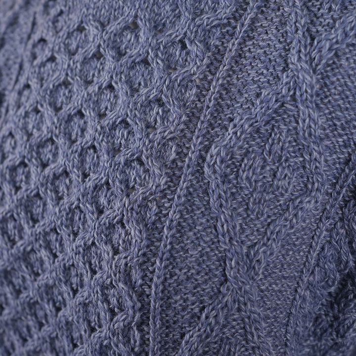 Unisex  Blue 100% Wool Aran Cable Knit Crew Neck Jumper – Made in Ireland | Denim